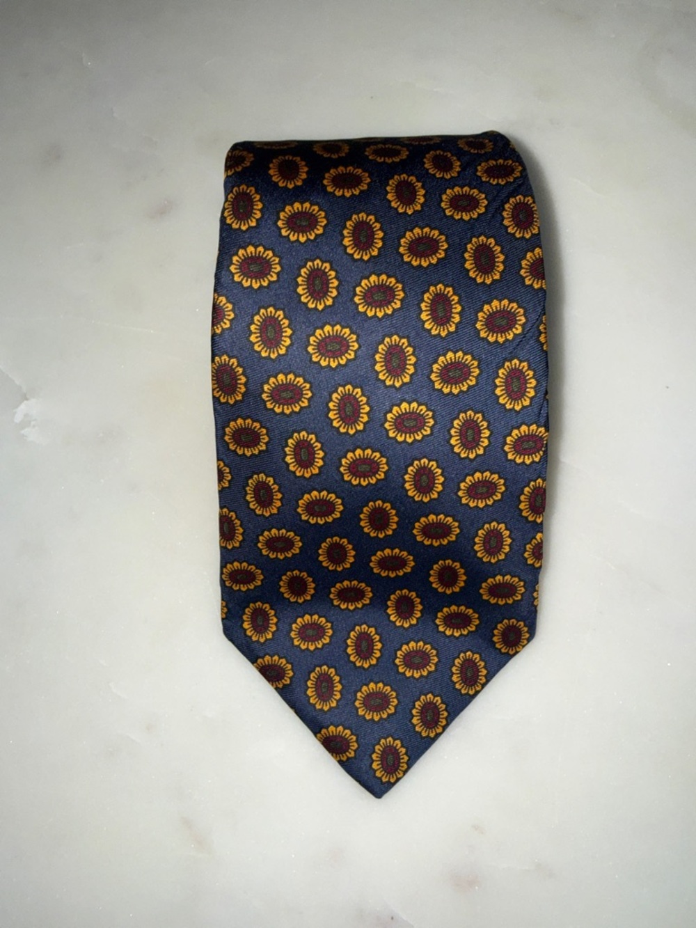 Burberry’S Men's Navy Sun Flower Pattern Silk Tie - Navy, Yellow & Maroon